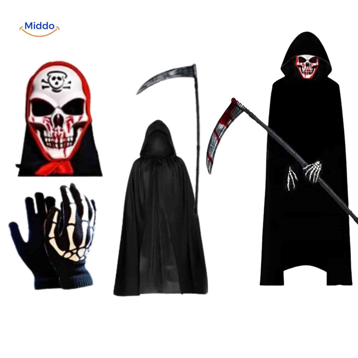 Grimora Set halloween griezelkostuum met cape en zeis www.middo.nl