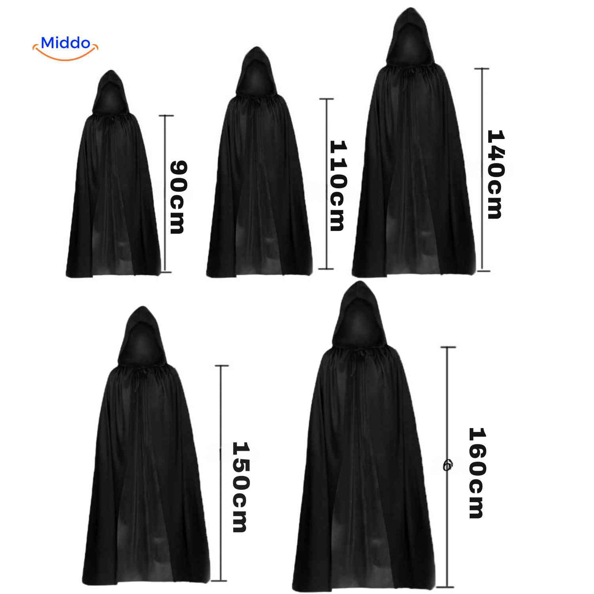 Grimora Set zwarte cape met kap verschillende maten www.middo.nl