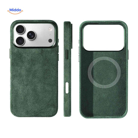 Groen suede achtig iphone hoesje met verhoogde camera bescherming www.middo.nl