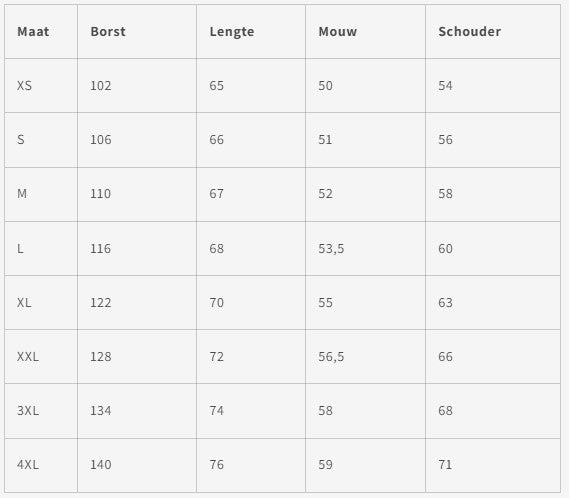 HappiWear™ Hoodie maattabel