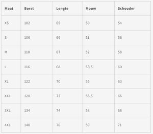 HappiWear™ Hoodie maattabel