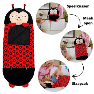 Uitgevouwen happy napper knuffel slaapzak lieveheersbeestje