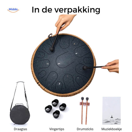 Inhoud van de verpakking van de Harmonii KlankOase Steel Tongue Drum met accessoires