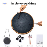 Inhoud van de verpakking van de Harmonii KlankOase Steel Tongue Drum met accessoires