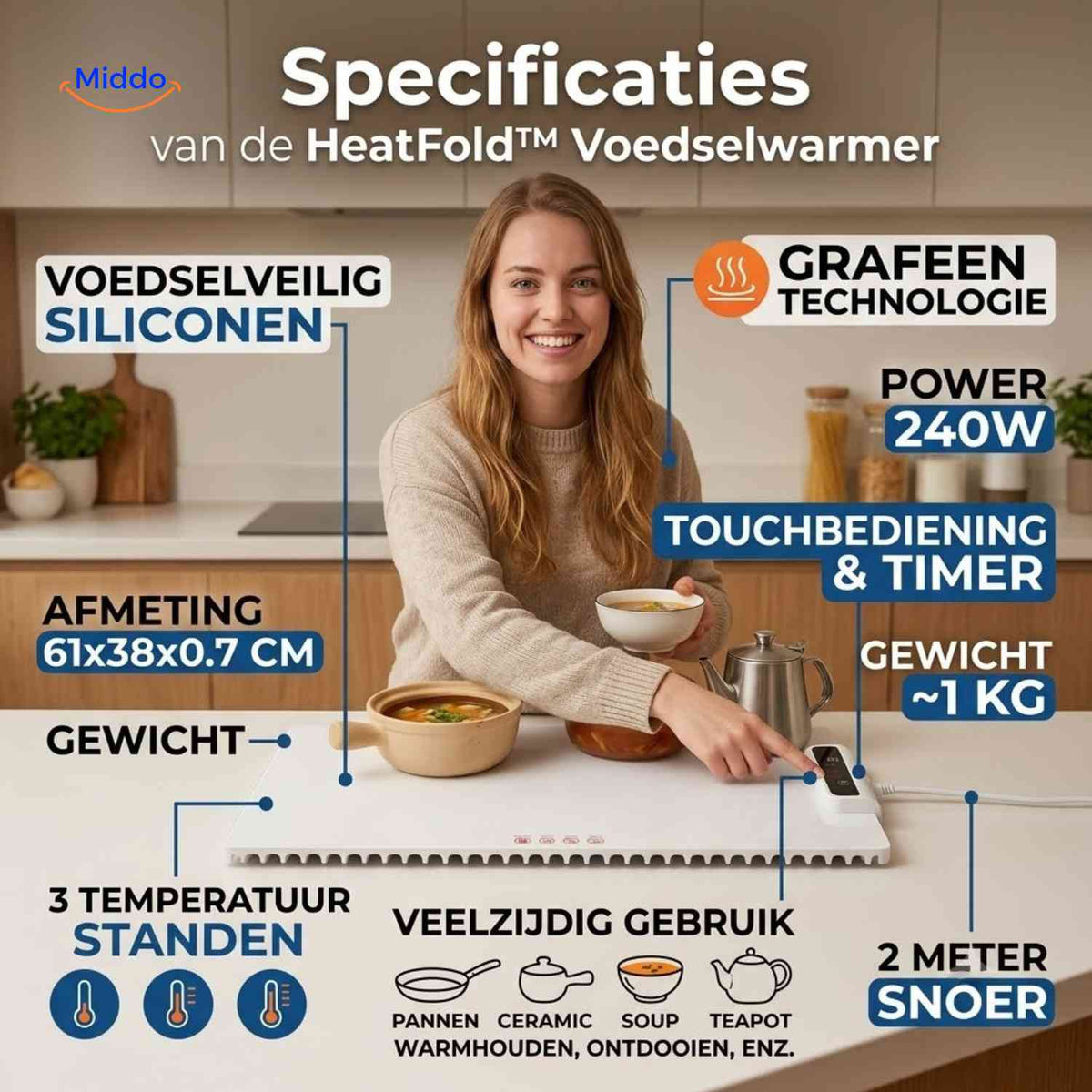 HeatFold Voedselwarmer specificaties touchbediening timer www.middo.nl