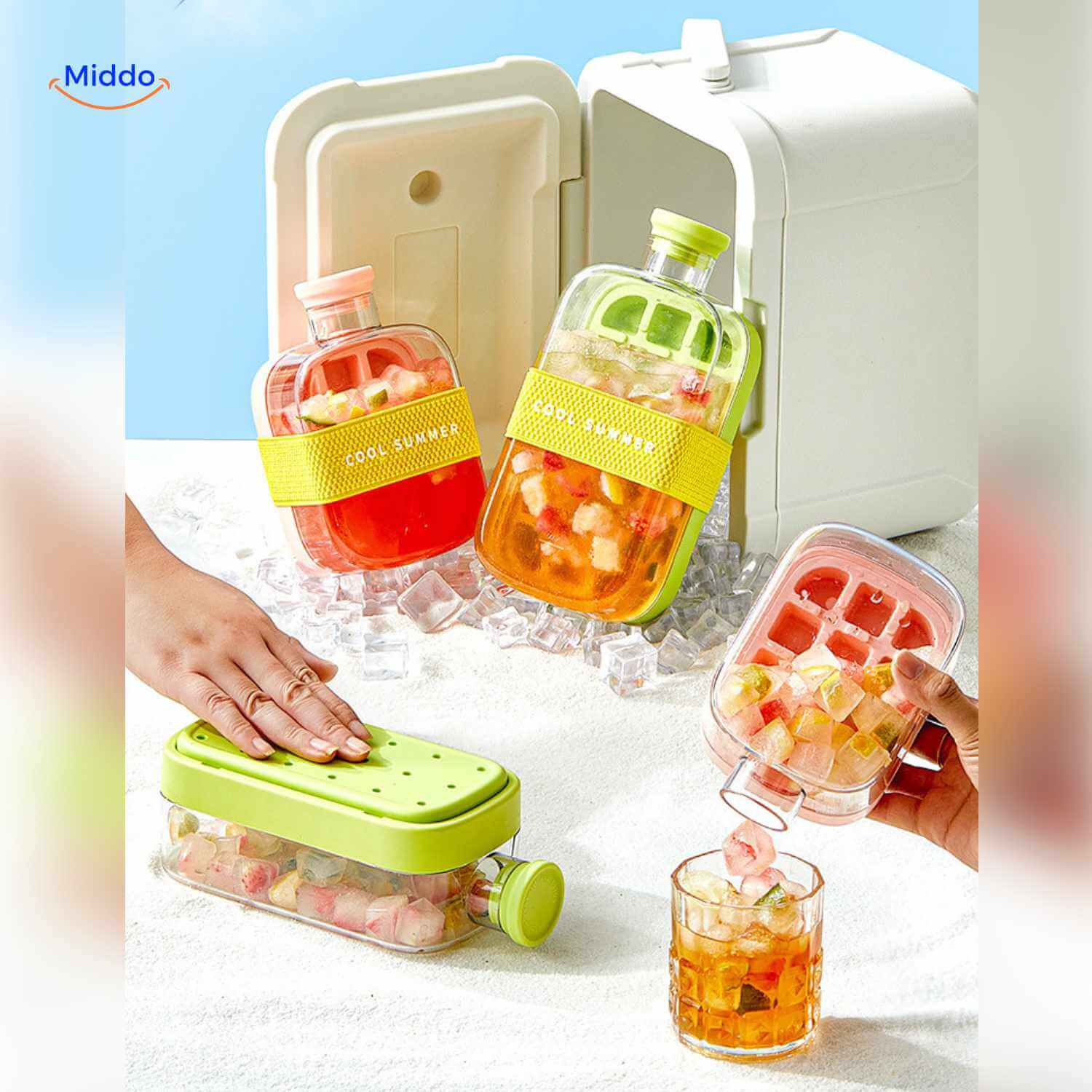 IceNova Flesbeker set met koelbox fruitijs en uitgietfles zomerstijl www.middo.nl