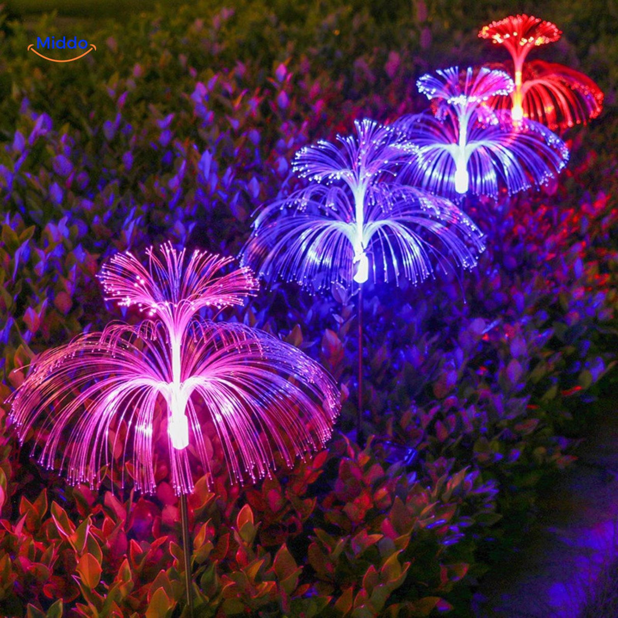 JellyGlow Solar fontijn licht met roze blauwe en rode kleuren www.middo.nl