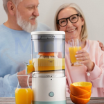 Gelukkige mensen gebruiken de Juice-O-Matic sapmachine