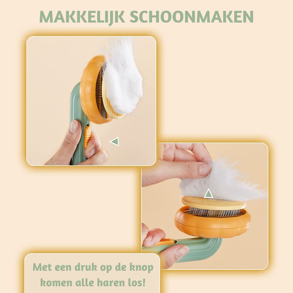 Hand die haren verwijdert van zelfreinigende borstel.