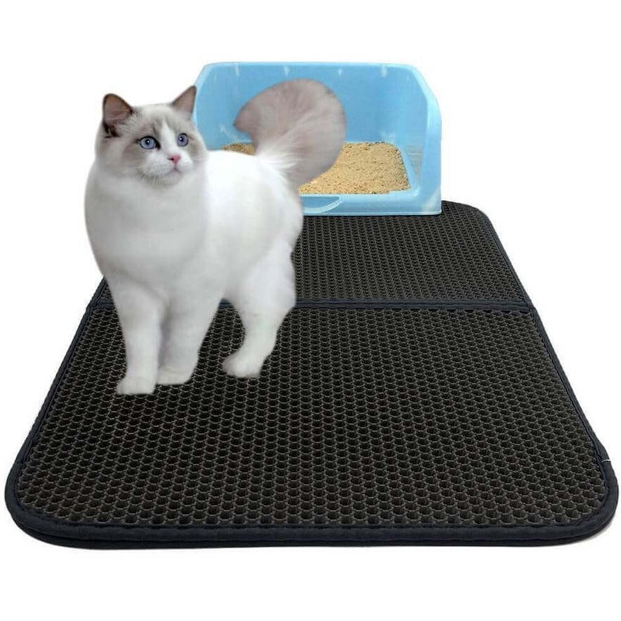 Kat loopt op grote kattenbakmat voor kattenbakvulling.