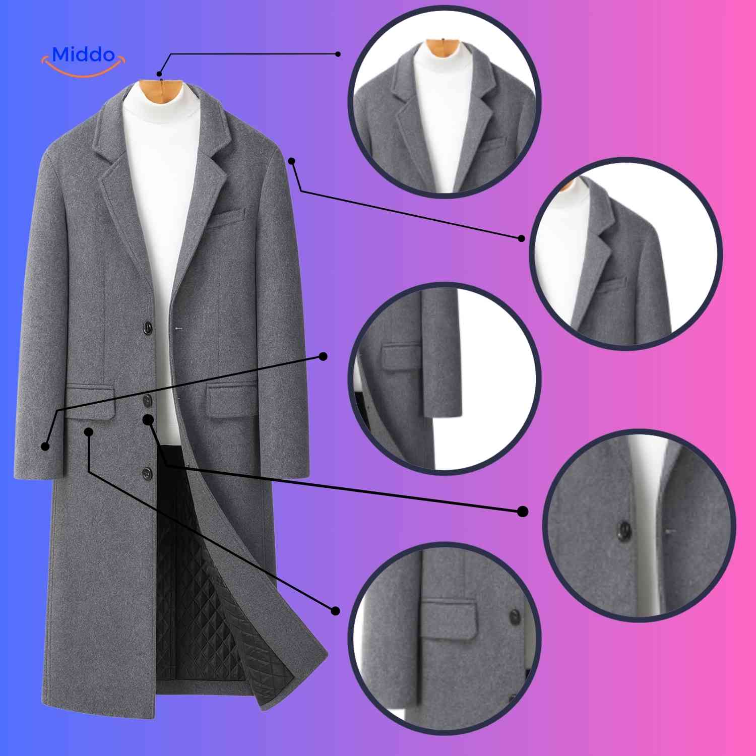 Kingsley Overjas grijze lange herenmantel met detailswww.middo.nl