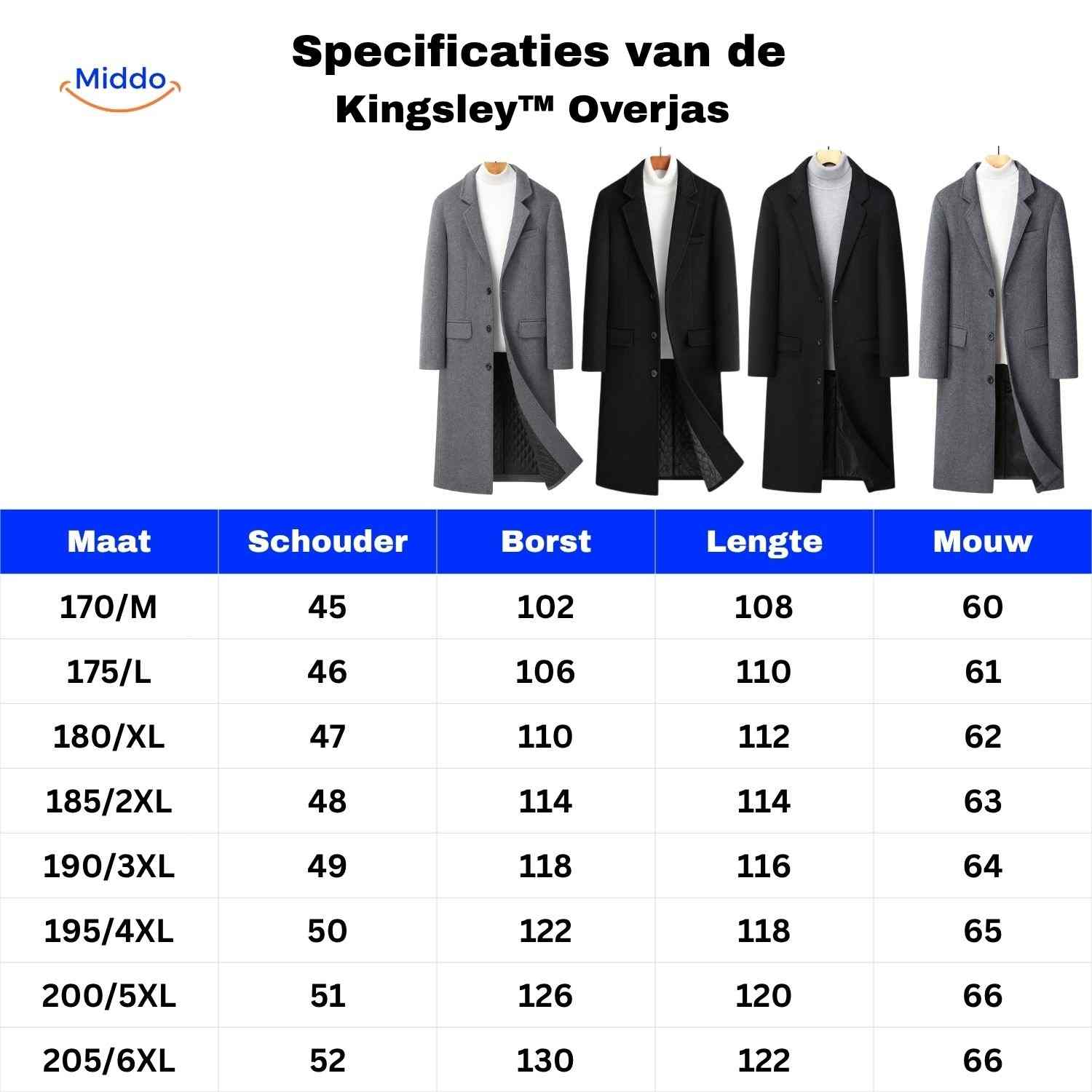 Kingsley Overjas maattabel specificatieswww.middo.nl