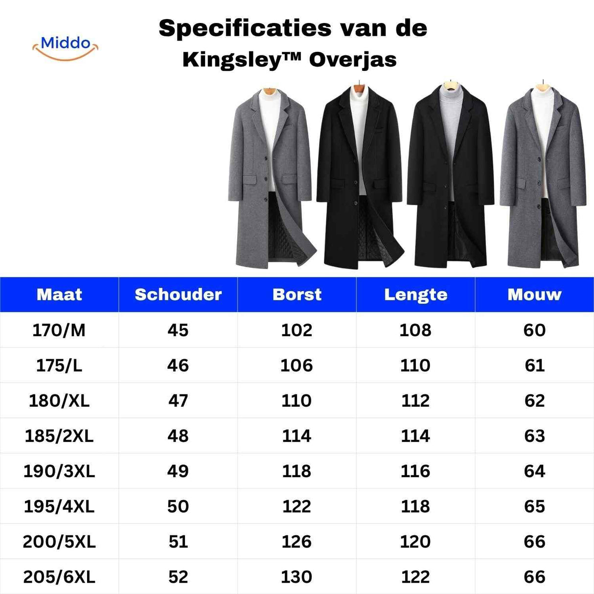 Kingsley Overjas maattabel specificatieswww.middo.nl