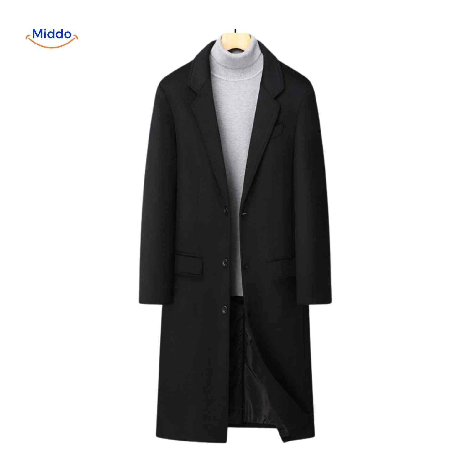 Kingsley Overjas zwarte lange mantel met coltruiwww.middo.nl