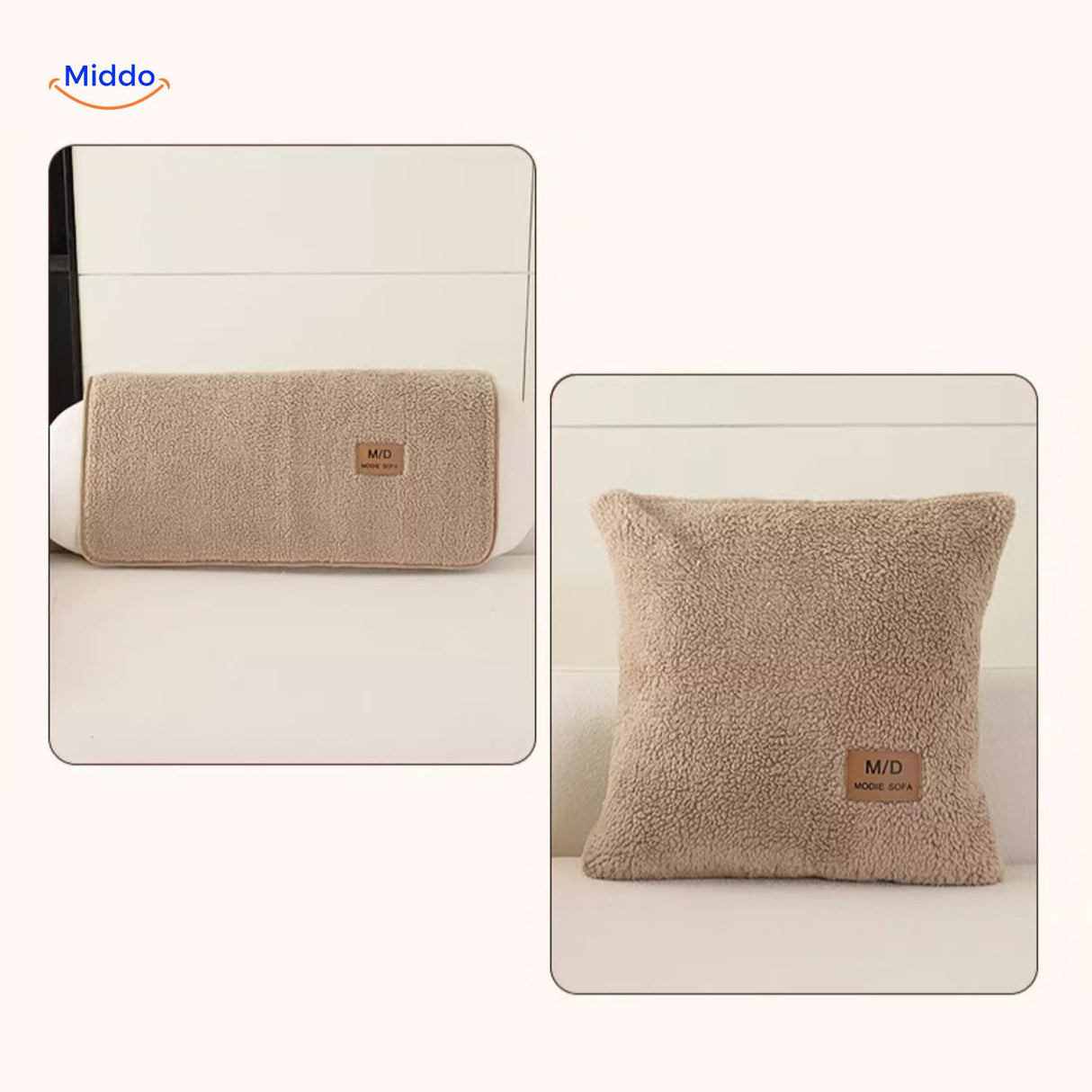 LuxeLamb Sofa Kussens beige stof kussen en rolkussen www.middo.nl