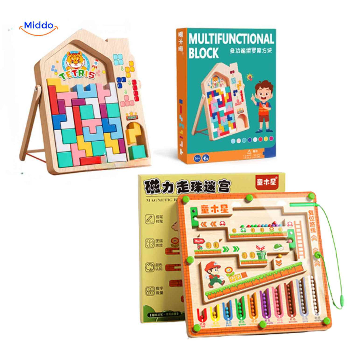 MagnoMaze Spel houten tetris blokken educatief puzzel kinderen www.middo.nl