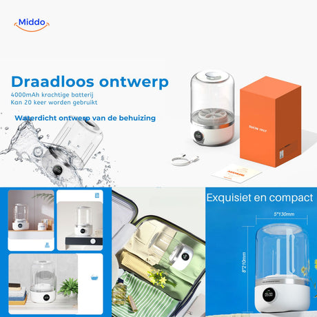 MiniWash Pro draadloos ontwerp met krachtige batterij www.middo.nl
