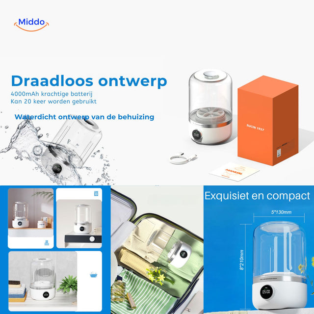 MiniWash Pro draadloos ontwerp met krachtige batterij www.middo.nl