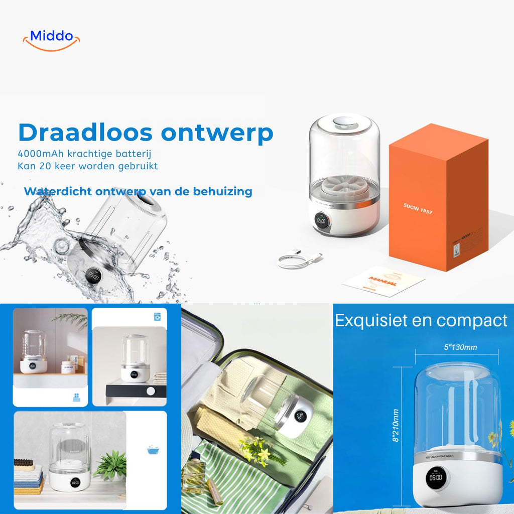 MiniWash Pro draadloos ontwerp met krachtige batterij www.middo.nl