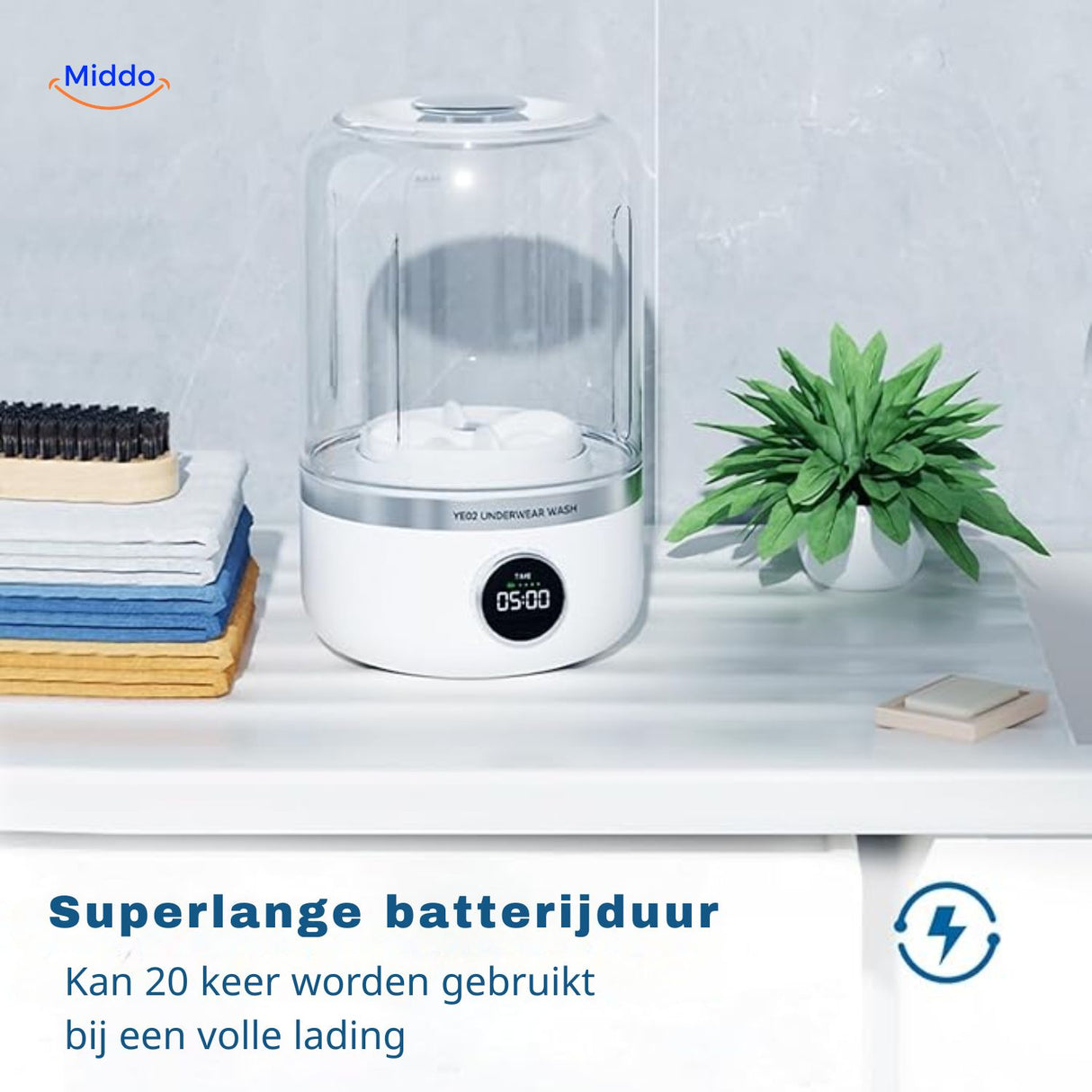 MiniWash Pro lange batterijduur en was herhalingen www.middo.nl