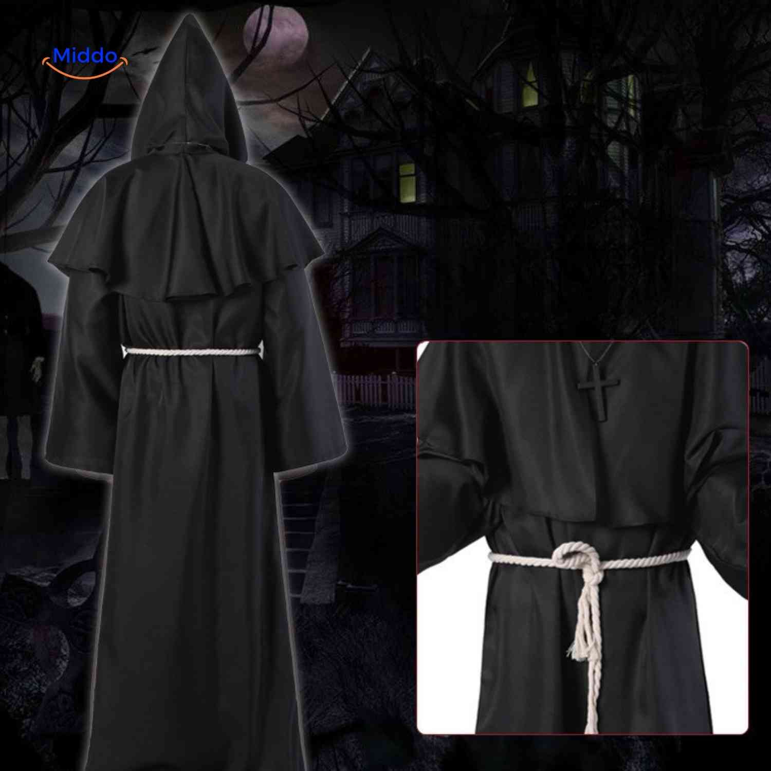 Monkara Kostuum zwarte hooded priester kostuum www.middo.nl