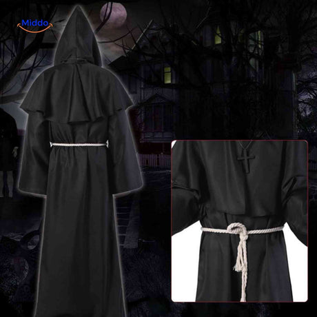 Monkara Kostuum zwarte hooded priester kostuum www.middo.nl