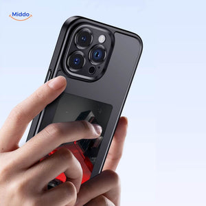 NFCScreen Case zwart met afbeelding van een persoon met een rode lens www.middo.nl