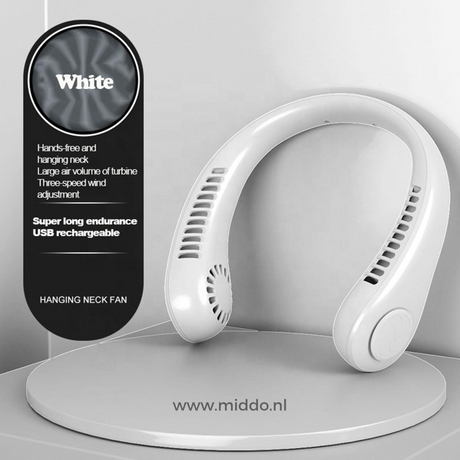 Witte NekFan met lange batterijduur, USB oplaadbaar