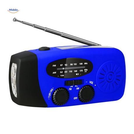 Blauwe SolarPower Pro noodradio met zaklamp en USB-oplader – handcrank en zonnepaneel
