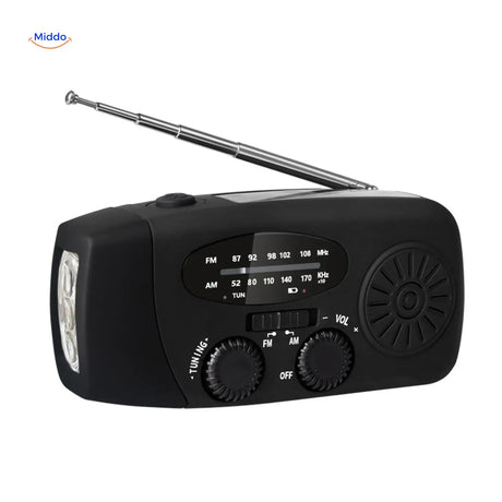 Zwarte SolarPower Pro noodradio – draagbare survivalradio met zonnepaneel en noodsignaalfunctie