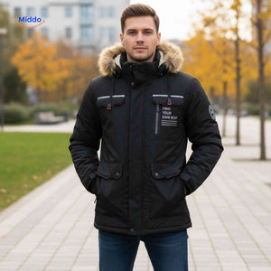 NordGuard Jas beige geisoleerde heren parka met bontkraag en utility zakken www.middo.nl
