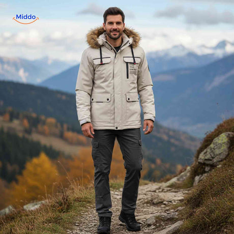 NordGuard Jas beige geisoleerde heren winterjas met bontkraag en utility zakken www.middo.nl