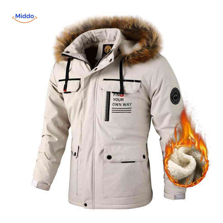NordGuard Jas beige thermische heren parka met bontkraag en voering www.middo.nl