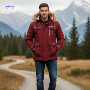 NordGuard Jas bordeauxrode geisoleerde heren winterjas met capuchon en klepzakken www.middo.nl