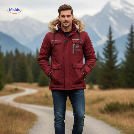 NordGuard Jas bordeauxrode geisoleerde heren winterjas met capuchon en klepzakken www.middo.nl