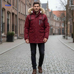 NordGuard Jas bordeauxrode waterdichte heren winterparka met bontkraag en klepzakken www.middo.nl