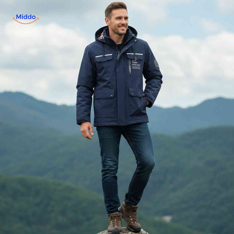 NordGuard Jas donkerblauwe winddichte heren outdoorjas met capuchon en klepzakken www.middo.nl