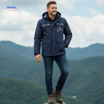 NordGuard Jas donkerblauwe winddichte heren outdoorjas met capuchon en klepzakken www.middo.nl