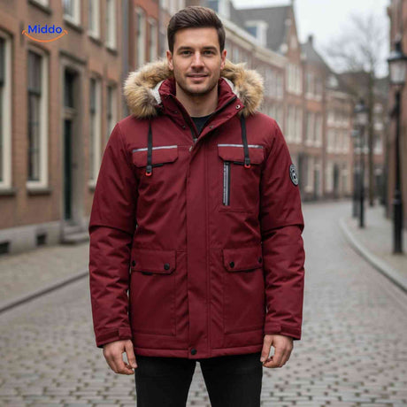 NordGuard Jas donkerblauwe winddichte heren parka met capuchon en reflecterende details www.middo.nl