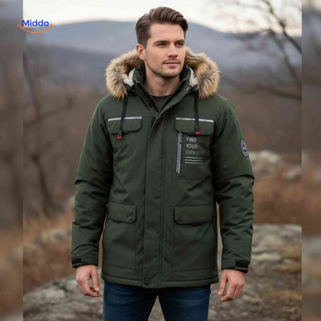 NordGuard Jas donkergroene outdoor herenjas met bontkraag en steekzakken www.middo.nl