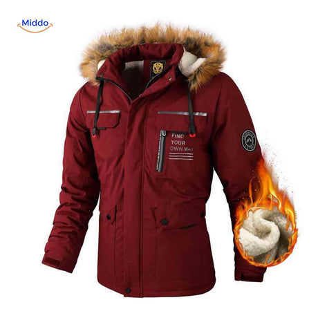 NordGuard Jas donkerrode geisoleerde heren parka met bontkraag en borstprint www.middo.nl