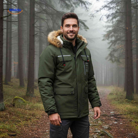 NordGuard Jas groene geisoleerde heren parka met bontkraag en steekzakken www.middo.nl