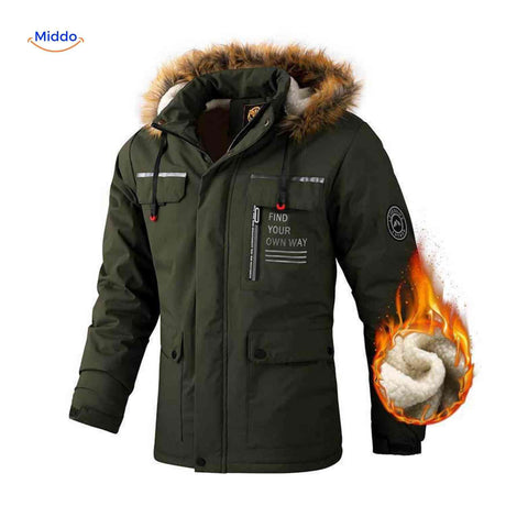NordGuard Jas legergroene waterdichte heren winterjas met capuchon en klepzakken www.middo.nl