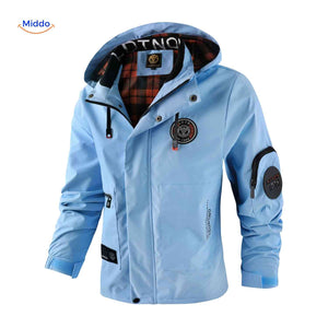 NordGuard Jas lichtblauwe waterafstotende heren outdoorjas met capuchon en ritszakken www.middo.nl