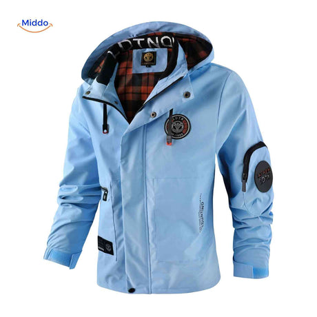 NordGuard Jas lichtblauwe waterafstotende heren outdoorjas met capuchon en ritszakken www.middo.nl