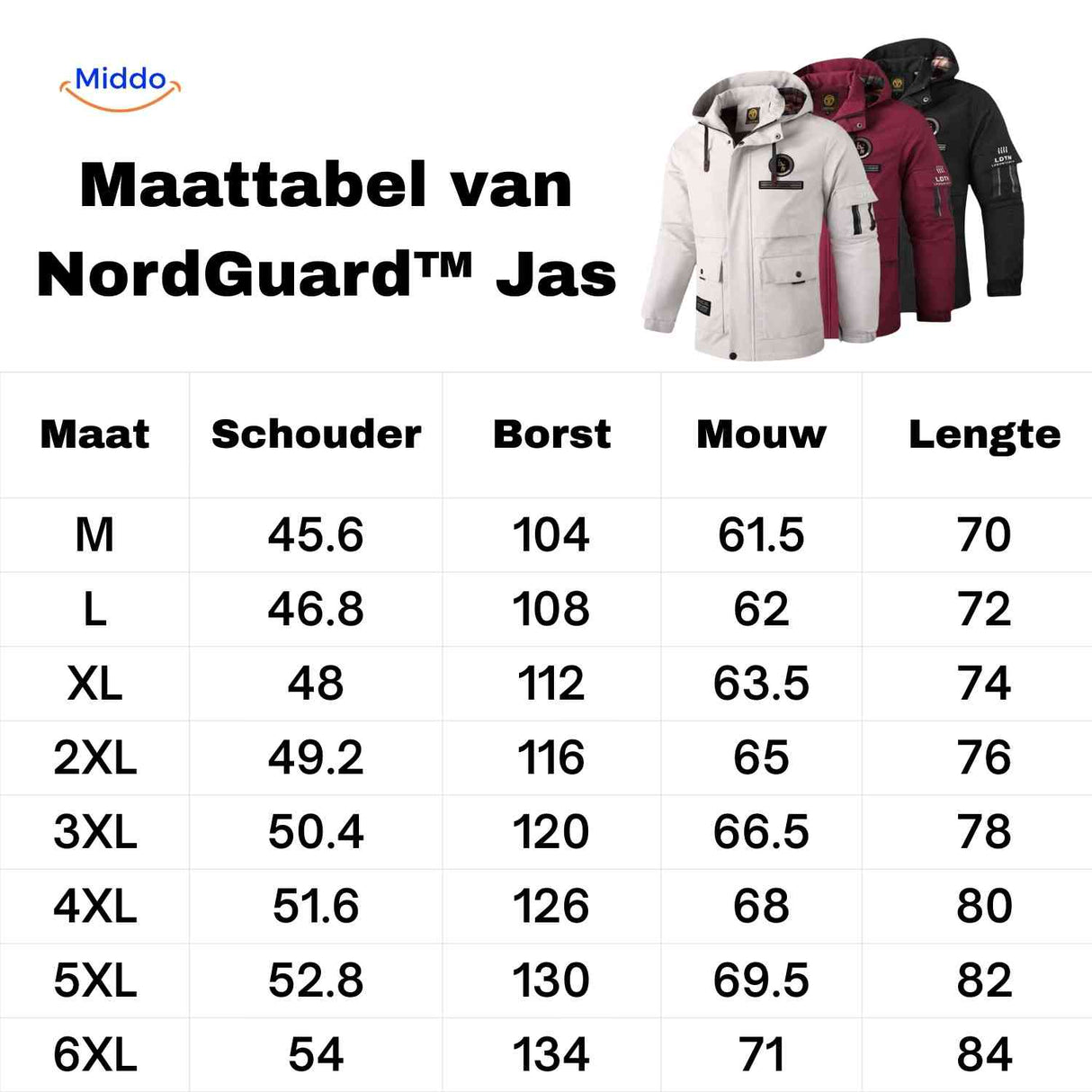 NordGuard Jas maattabel www.middo.nl