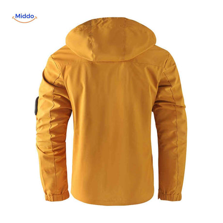 NordGuard Jas okergele waterdichte heren outdoorjas met capuchon en armdetail www.middo.nl
