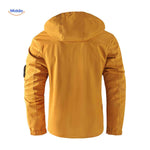NordGuard Jas okergele waterdichte heren outdoorjas met capuchon en armdetail www.middo.nl