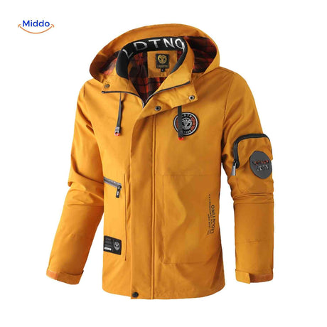 NordGuard Jas okergele winddichte heren winterjas met capuchon en borstembleem www.middo.nl