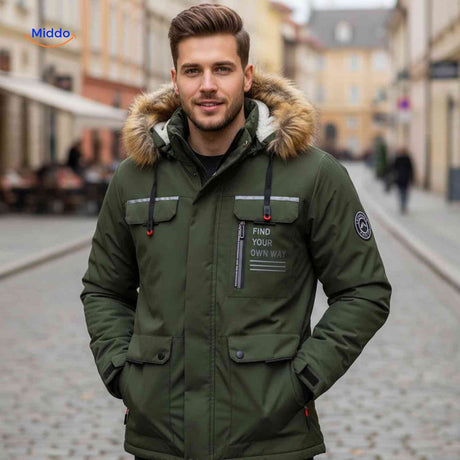 NordGuard Jas olijfgroene waterdichte heren parka met bontkraag en borstzak www.middo.nl